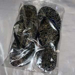 Tory Burch Sandals - Black Abstract Leopard - Flip-Flop - Logo Medallion